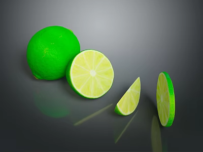 Fresh Vibrant Green Limes With Whole And Sliced Pieces On Dark Background 3d model
