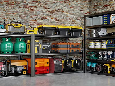Organized Metal Storage Shelves With Tools Storage Boxes And Gas Cylinders By Brick Wall 3d model