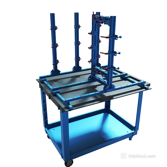 Blue Industrial Equipment Featuring Multi layer Frames Black Countertop and Wheels 3d model