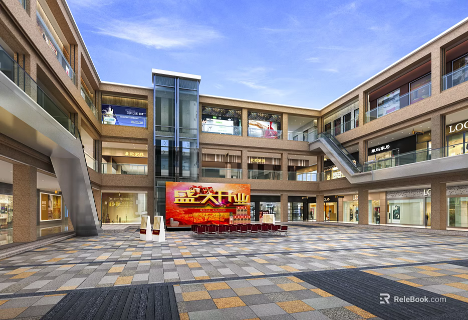 Bright Modern Shopping Mall Atrium With Glass Elevators Grand Opening Billboard And Tiled Flooring 3d model 