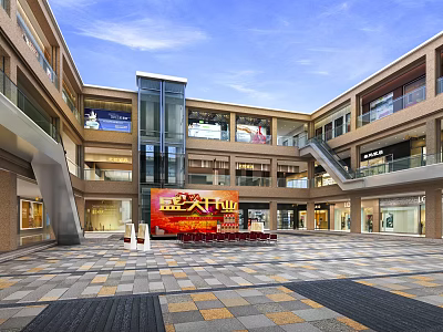 Bright Modern Shopping Mall Atrium With Glass Elevators Grand Opening Billboard And Tiled Flooring 3d model