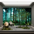 Tranquil Courtyard Garden With Forest Backdrop Trees Moss Stone Path Spherical Decor And Lounge Chair