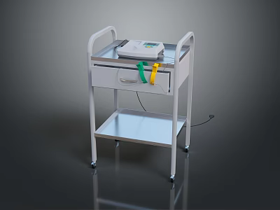 White Frame Medical Cart With Drawer Shelf Wheels And Equipment On Top 3d model