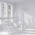 Rattan Wicker Leisure Chair With Cactus Hanging Plants Small Round Table And Window Blinds