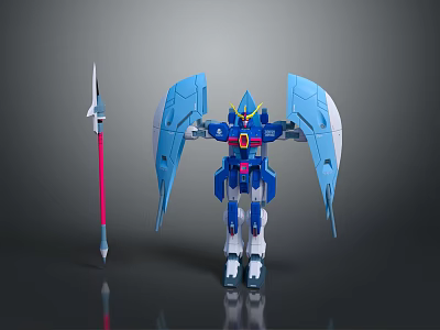 Blue And White Robot Character With Mechanical Wings And Red Spear Weapon 3d model