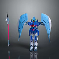 Blue And White Robot Character With Mechanical Wings And Red Spear Weapon