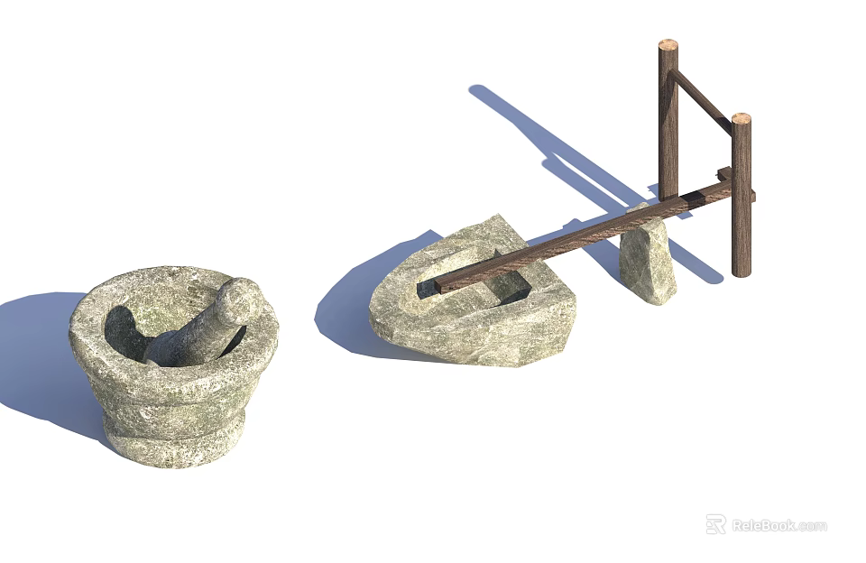 Decorative Garden Ornaments Featuring Stone Mortar Wooden Lever And Stone Base Design 3d model 