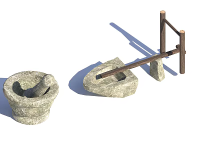 Decorative Garden Ornaments Featuring Stone Mortar Wooden Lever And Stone Base Design 3d model