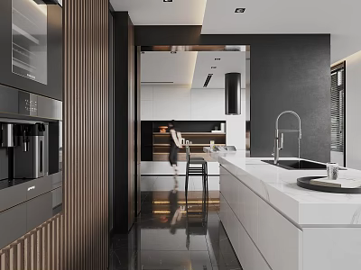 Modern Open Concept Restaurant Kitchen With Island Counter And Cabinets 3d model
