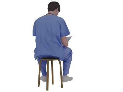 Man In Blue Scrubs Sitting On Stool Holding Digital Tablet 3d model