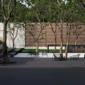Serene Garden Landscape With Water Pool Trees Lighting And Reflective Bench 3d model