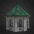 Octagonal White Stone Gazebo With Green Roof And Arched Openings