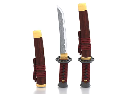 Samurai Swords With Wooden Handles Red Straps Sheathed And Unsheathed 3d model Samurai Swords With Wooden Handles Red Straps Sheathed And Unsheathed 3d model