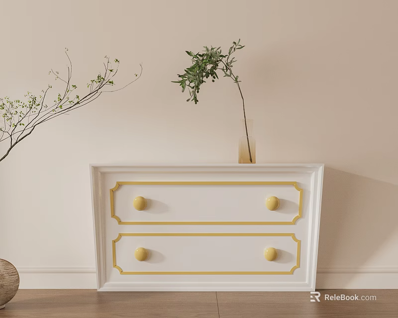 White Chest of Drawers With Gold Accents And Potted Plants Nearby 3d model 