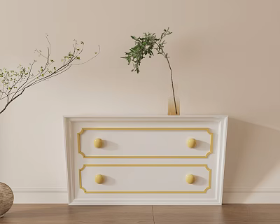 White Chest of Drawers With Gold Accents And Potted Plants Nearby 3d model