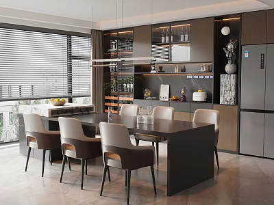 Modern Restaurant Interior With Dark Dining Table Chairs Cabinets Window Blinds Decorations And Fruits 3d model
