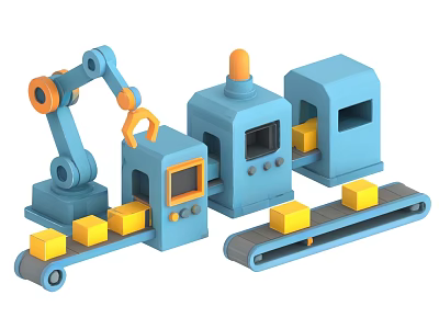 Industrial Equipment Automated Production Line With Robotic Arm Conveyor Belt And Yellow Blocks 3d model