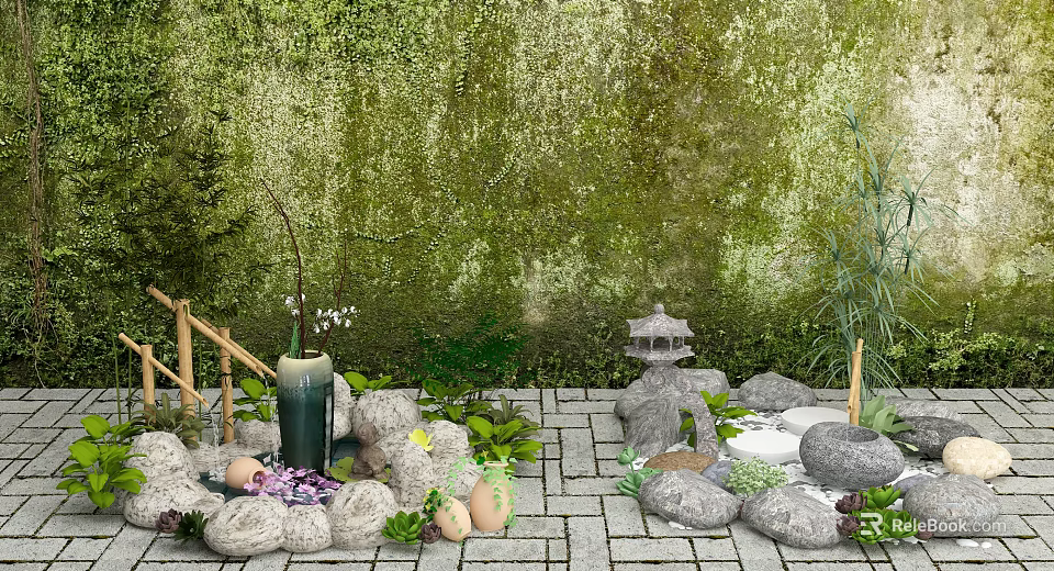 Charming Garden Ornament With Green Moss Wall Stones Bamboo Structure And Small Pavilion 3d model 
