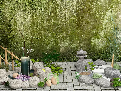 Charming Garden Ornament With Green Moss Wall Stones Bamboo Structure And Small Pavilion 3d model