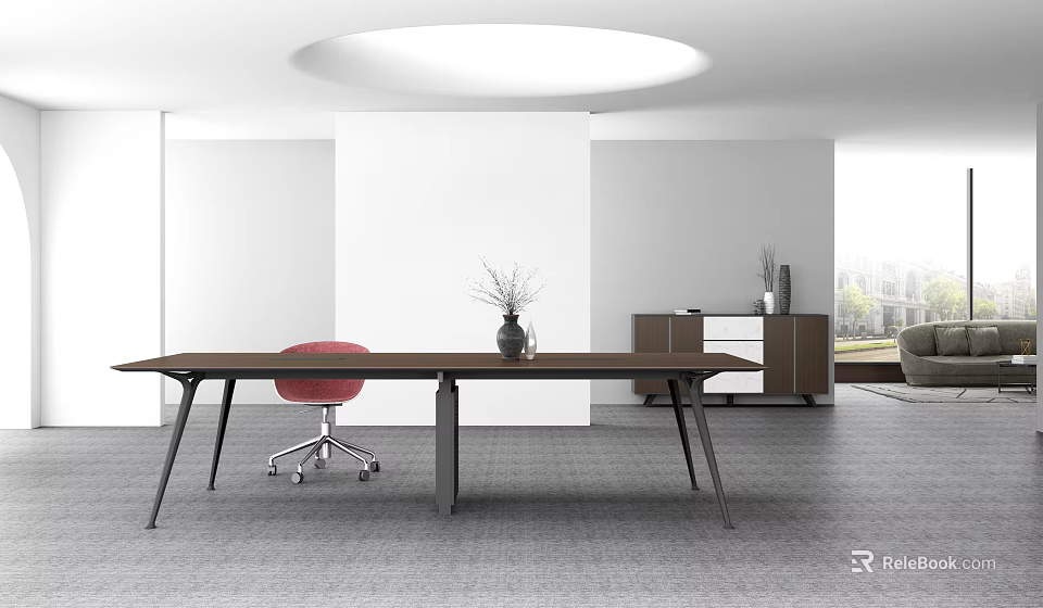 Modern Office Desk With Red Chair And Vase Brown Cabinet White Wall Round Ceiling Light 3d model 