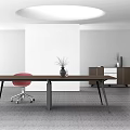 Modern Office Desk With Red Chair And Vase Brown Cabinet White Wall Round Ceiling Light