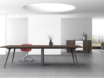Modern Office Desk With Red Chair And Vase Brown Cabinet White Wall Round Ceiling Light 3d model