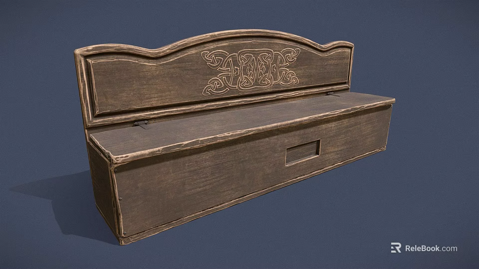 Outdoor Wooden Bench With Carved Backrest And Storage Compartment For Garden Patio Use 3d model 