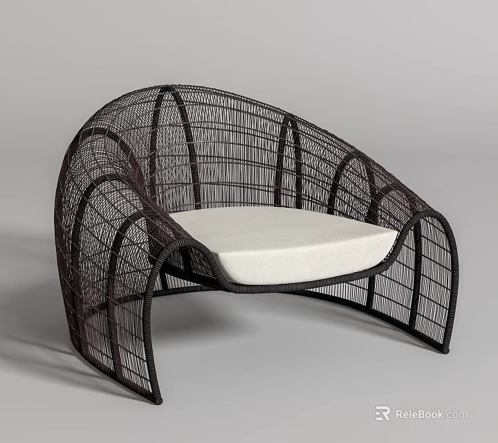 Modern Rattan Outdoor Chair with Curved Design and Comfortable White Cushion 3d model 