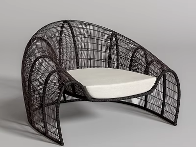 Modern Rattan Outdoor Chair with Curved Design and Comfortable White Cushion 3d model