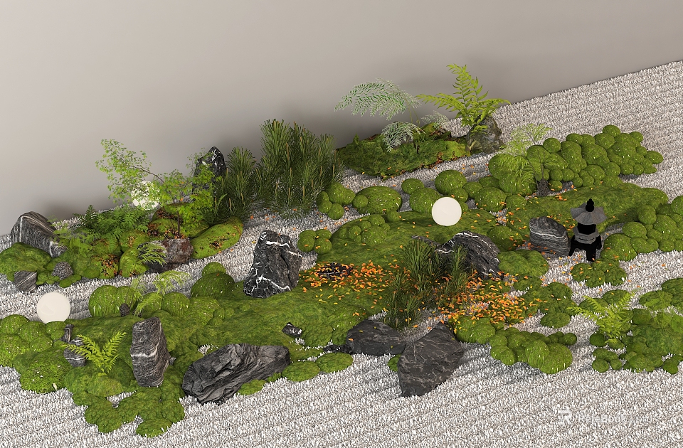 Lush Green Plant Combinations With Rocks And White Spherical Elements In Garden Landscape 3d model 