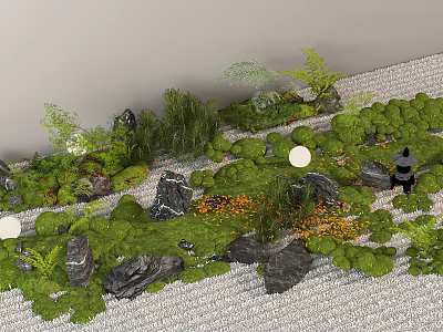 Lush Green Plant Combinations With Rocks And White Spherical Elements In Garden Landscape 3d model