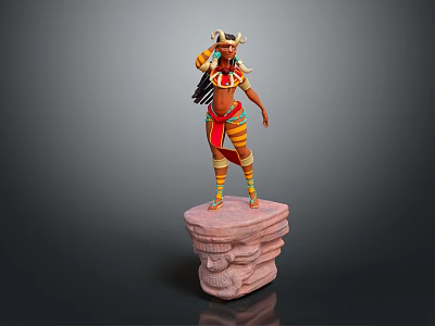 Mythical Female Character With Horned Headdress Standing On Rock Pedestal And Mythical Creature Elements 3d model