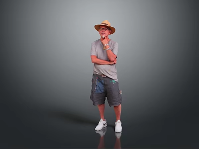 Man Wearing Straw Hat Gray Tshirt Denim Shorts Standing With Hand On Chin 3d model