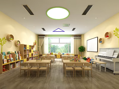 Bright Cozy Kindergarten Classroom With Wooden Tables Chairs Bookshelves Piano And Wall Decorations 3d model