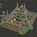3D Designed Castle Structure Featuring Red Spires Gray Walls Green Grass And Orange Decor
