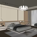Modern Bedroom Interior With Striped Accent Wall Bed Desk Chair Curtains Pendant Light And Carpet