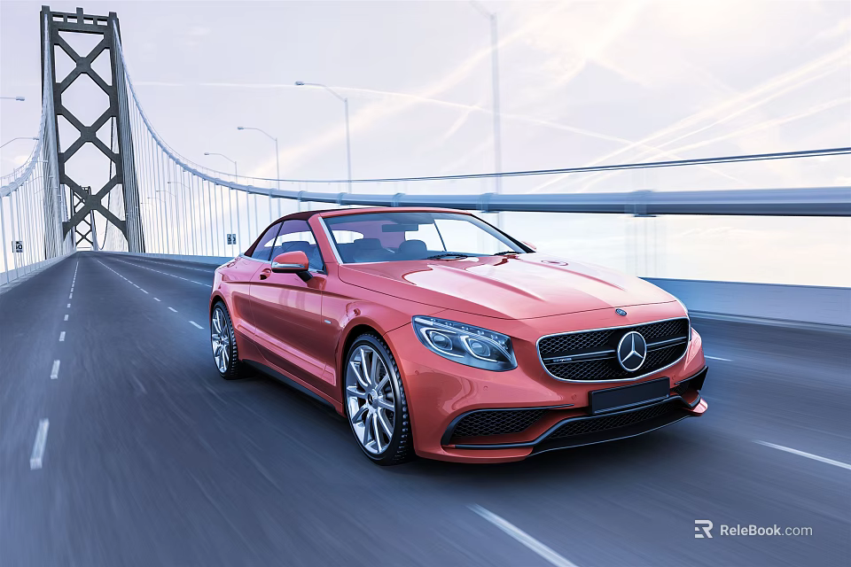 Red Mercedes Convertible Car Driving On Bridge Road With Modern Sleek Design 3d model 