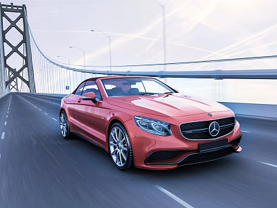 Red Mercedes Convertible Car Driving On Bridge Road With Modern Sleek Design 3d model