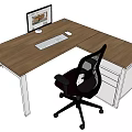 L Shaped Office Desk With Wooden Top Monitor Keyboard Mouse Black Chair And White Drawer