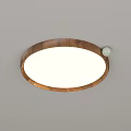 Modern Round Wooden Frame Ceiling Light With White Lampshade On Gray Textured Ceiling