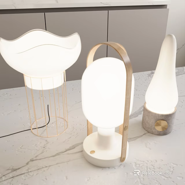Elegant Table Lamps With Curved Designs Wooden Frames And Marble Bases 3d model 