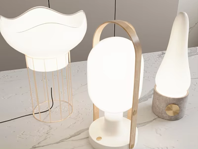 Elegant Table Lamps With Curved Designs Wooden Frames And Marble Bases 3d model