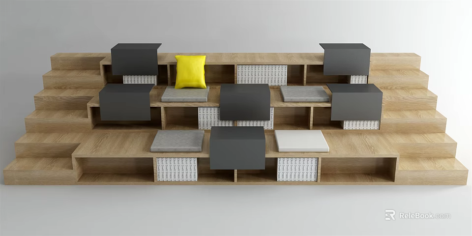 Modular Public Seating With Wooden Frame Gray Cushions And Yellow Pillow 3d model 