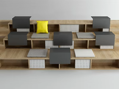 Modular Public Seating With Wooden Frame Gray Cushions And Yellow Pillow 3d model