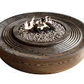 Rustic Circular Wooden Coffee Table with Central Fire Pit Burning Logs and Stones 3d model