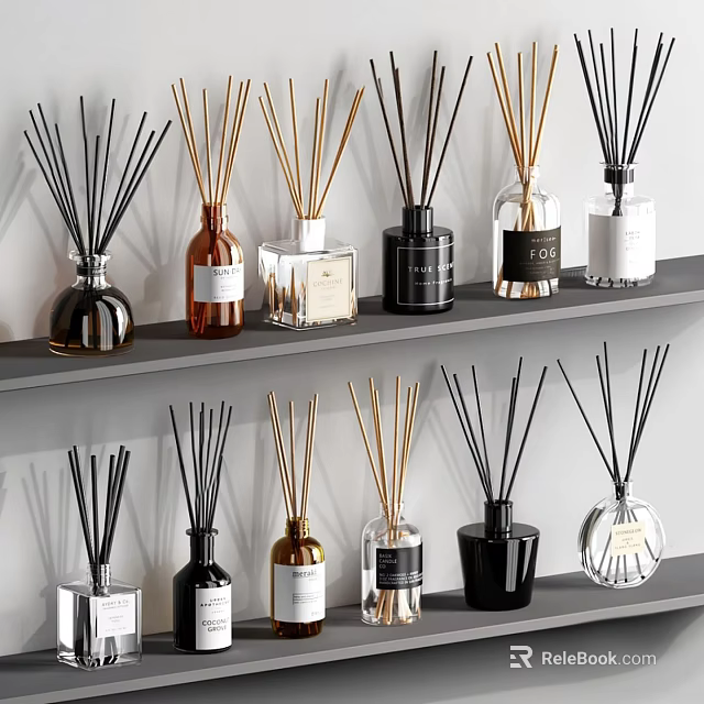 Modern Fragrance Reed Diffusers With Various Scented Bottles On Shelf 3d model 