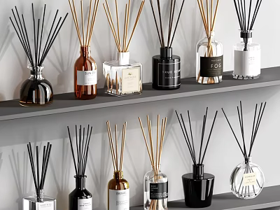 Modern Fragrance Reed Diffusers With Various Scented Bottles On Shelf 3d model
