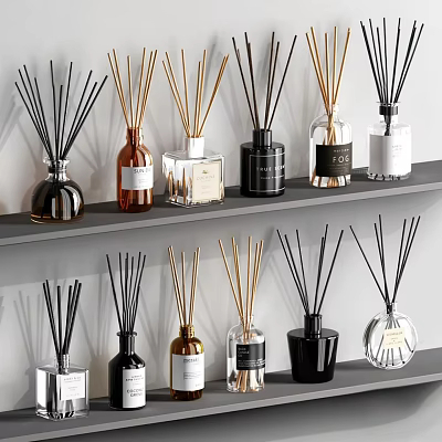 Modern Fragrance Reed Diffusers With Various Scented Bottles On Shelf 3d model
