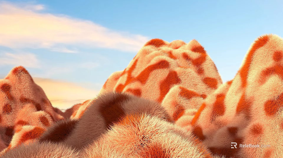 Furry Mountain Shaped Decorative Ornament Set With Orange Brown Colors And Blue Sky Pink Clouds 3d model 