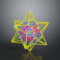 Abstract Star Geometric Structure with Yellow Pink Blue Lines and White Nodes on Reflective Gray Background